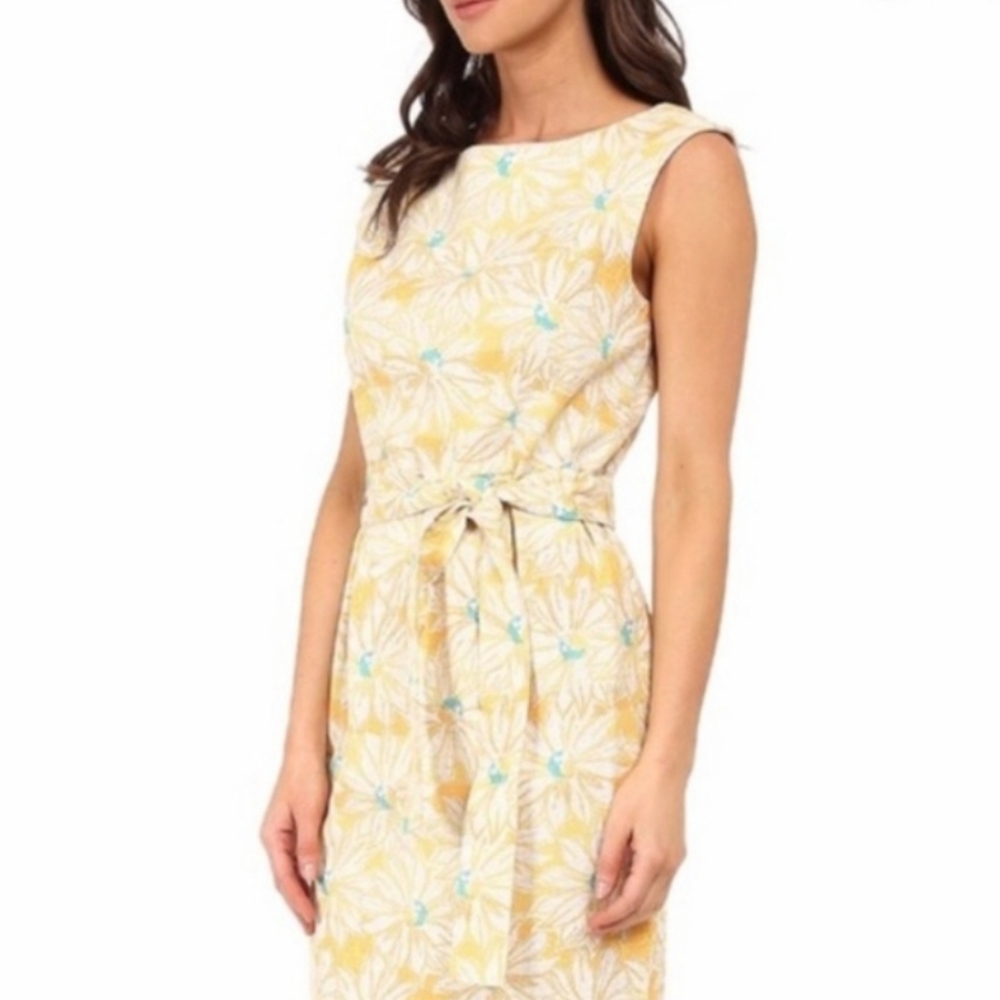 PENDLETON Gloria yellow floral textured cotton belted sleeveless sheath dress